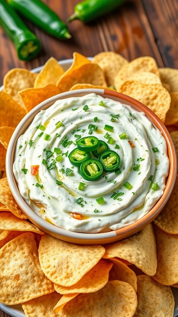 A bowl of spicy jalapeño cream cheese dip surrounded by tortilla chips, garnished with herbs.